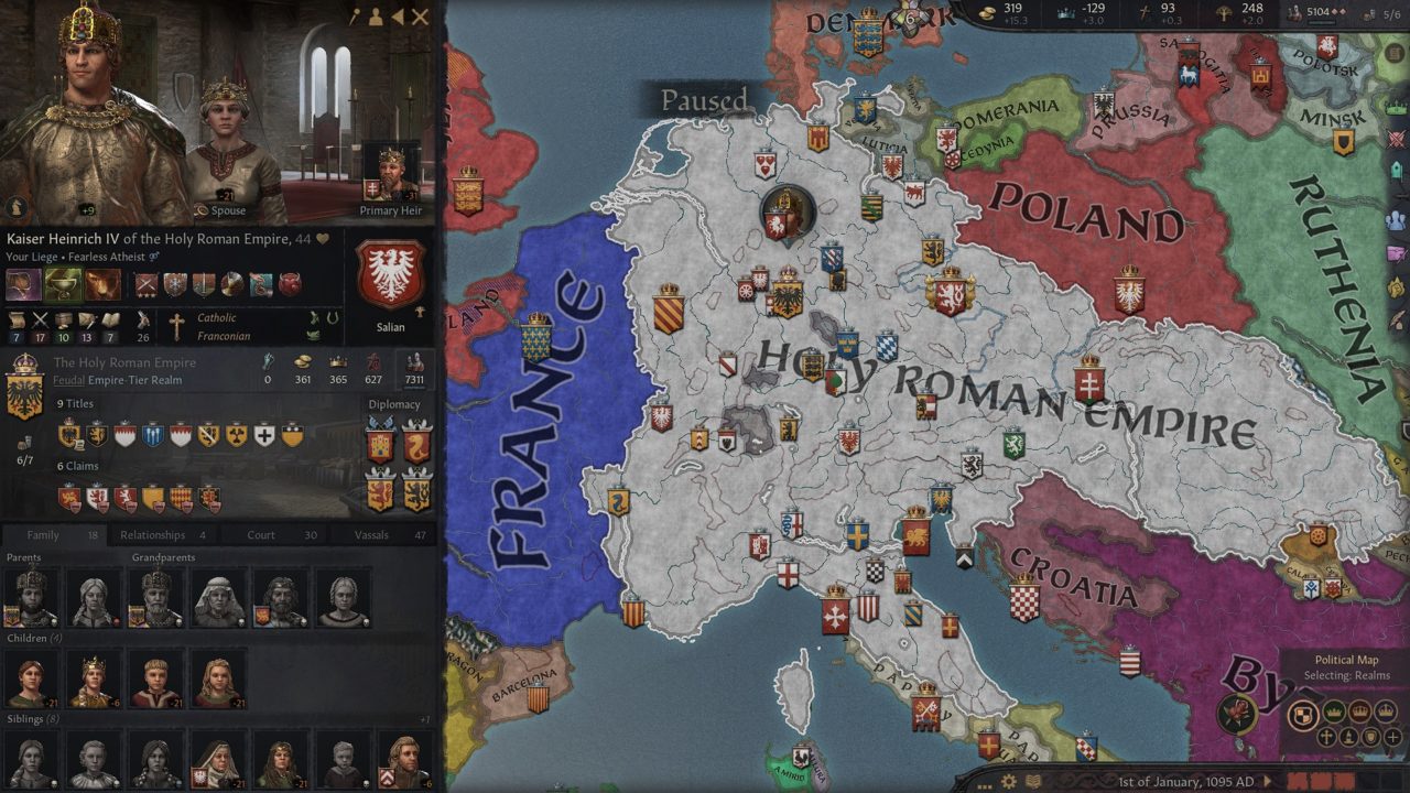 Screenshot from Crusader Kings 3 which shows the Holy Roman Empire faction on the map